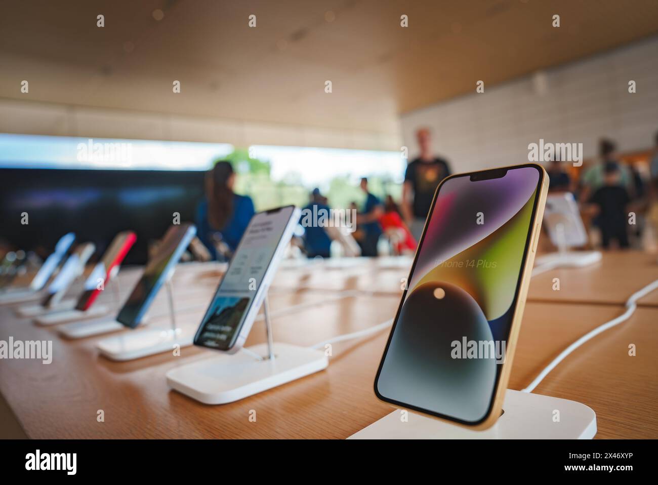 Modern Apple iPhones on display at Apple Store, Mountain View. Stock Photo