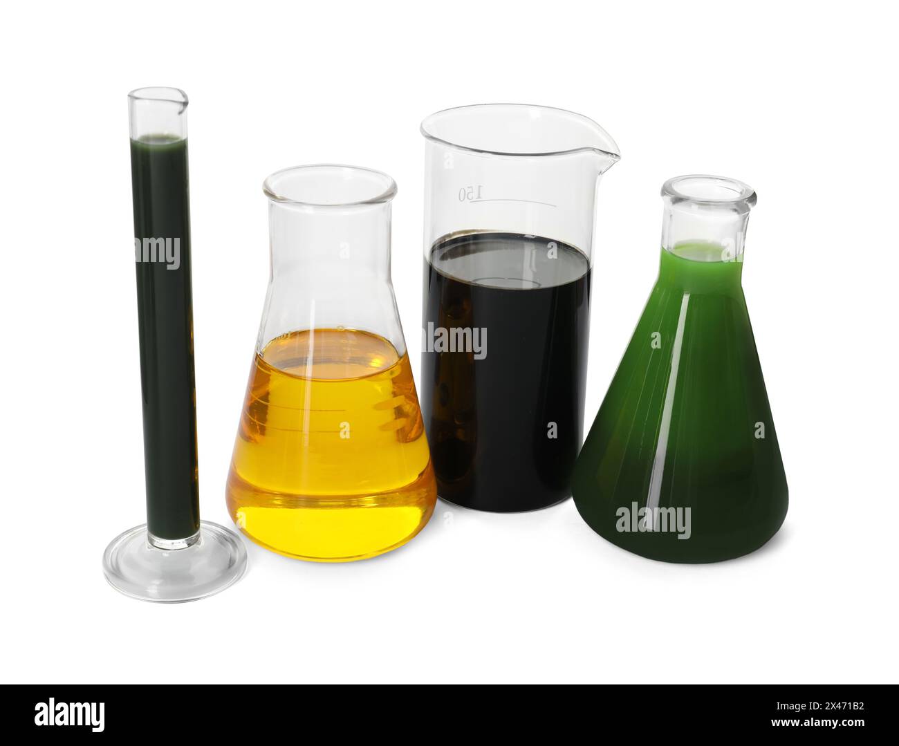 Test tube, beaker and flasks with different types of oil isolated on