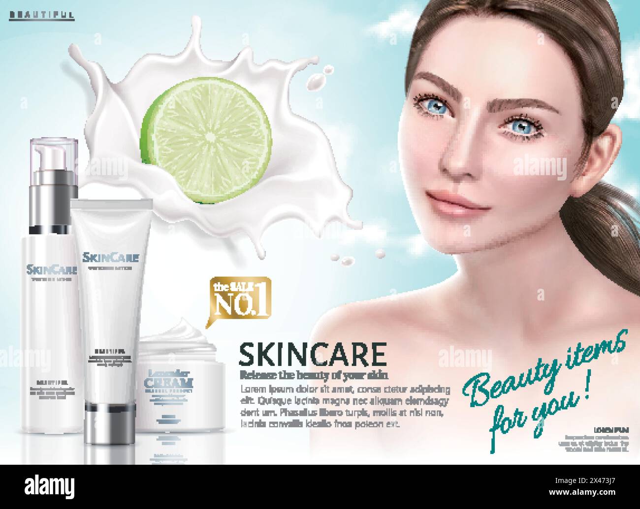 Skin care ads, lemon cosmetic products with splashing creamy texture in