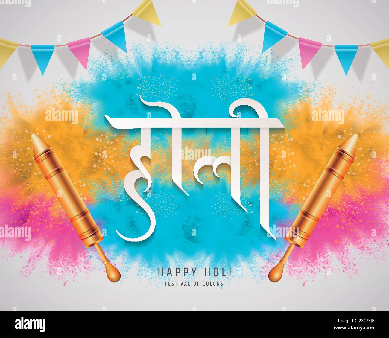 Happy holi festival with exploding colorful powder effect and pichkari