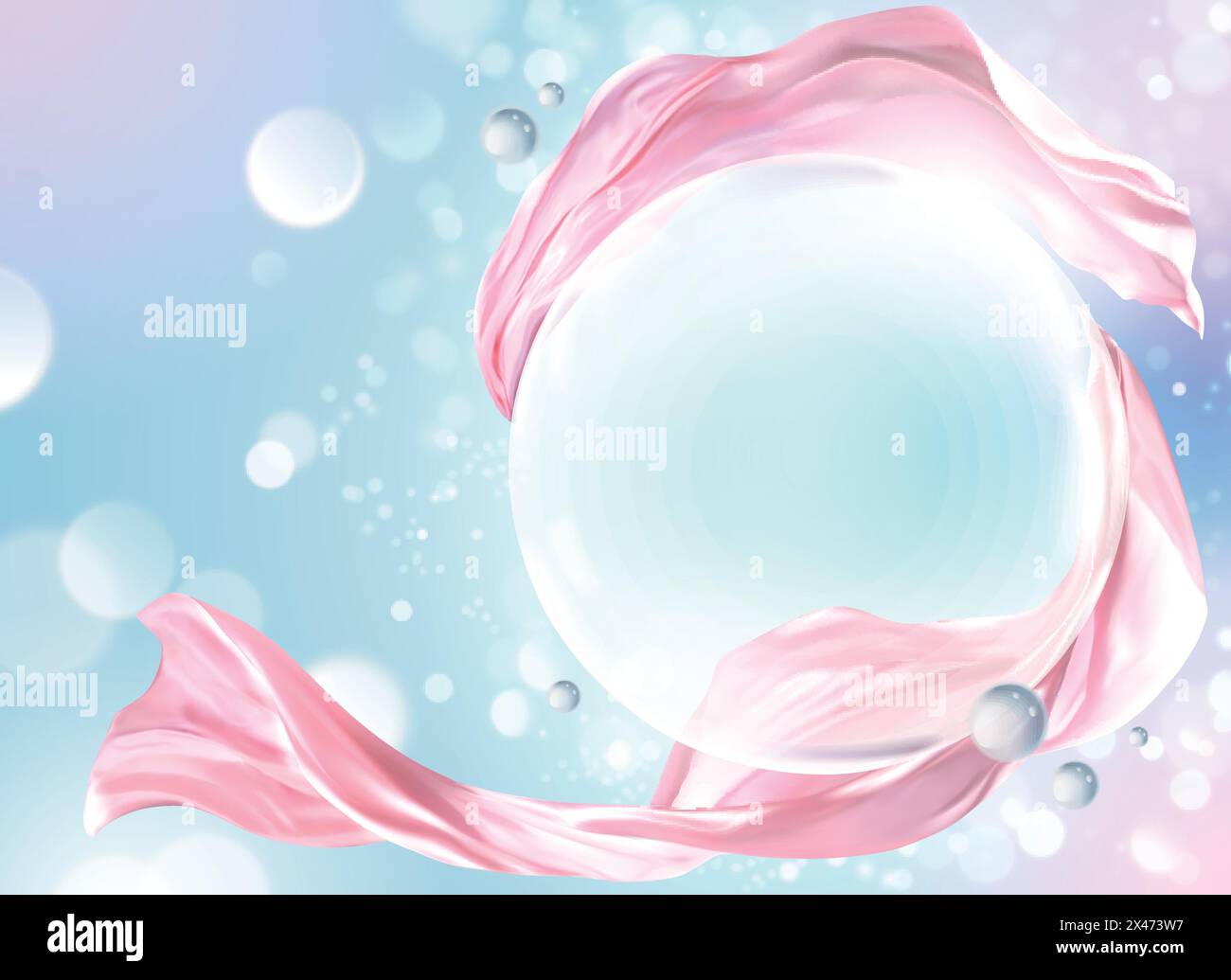 Dreamy decorative design, bubbles and pink satin on glowing colorful background Stock Vector