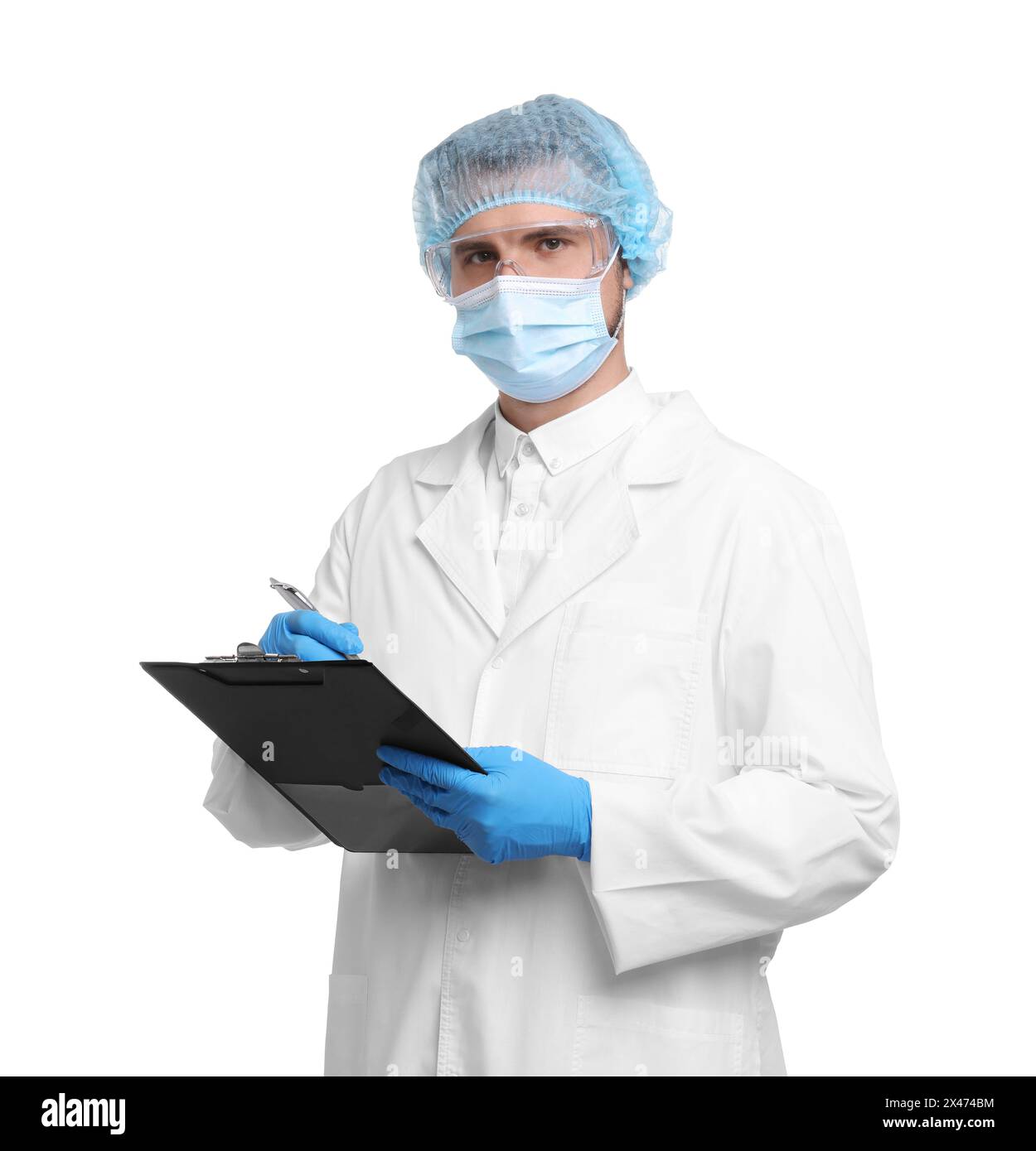 Quality control. Food inspector with clipboard on white background ...