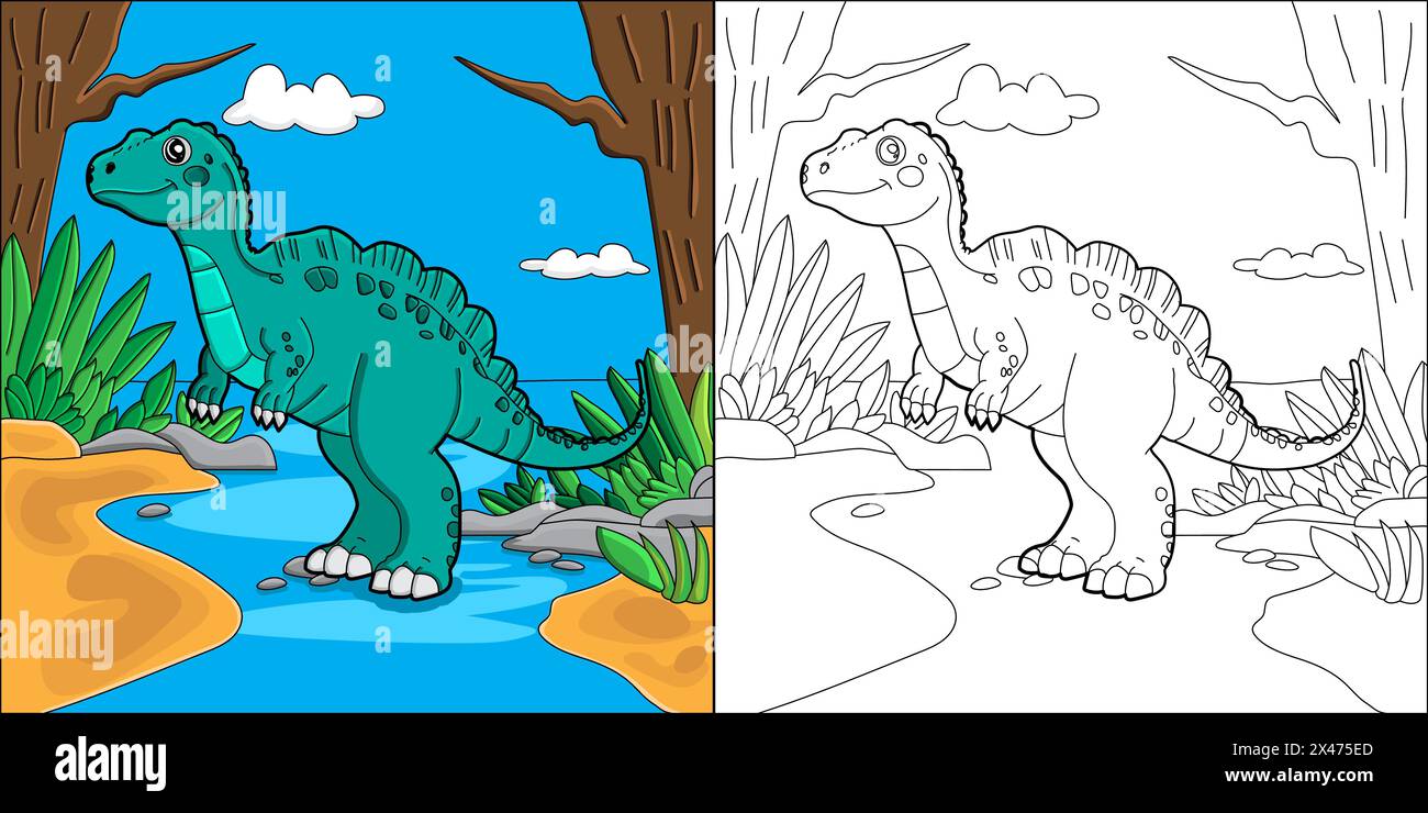 Cute cartoon dinosaur colouring page both outlined and coloured in versions Stock Vector