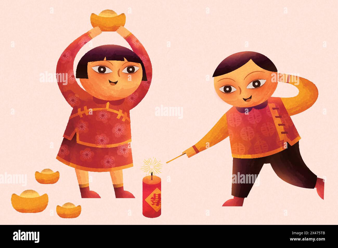 Cute children lighting firecrackers and holding gold ingot in doodle style Stock Vector