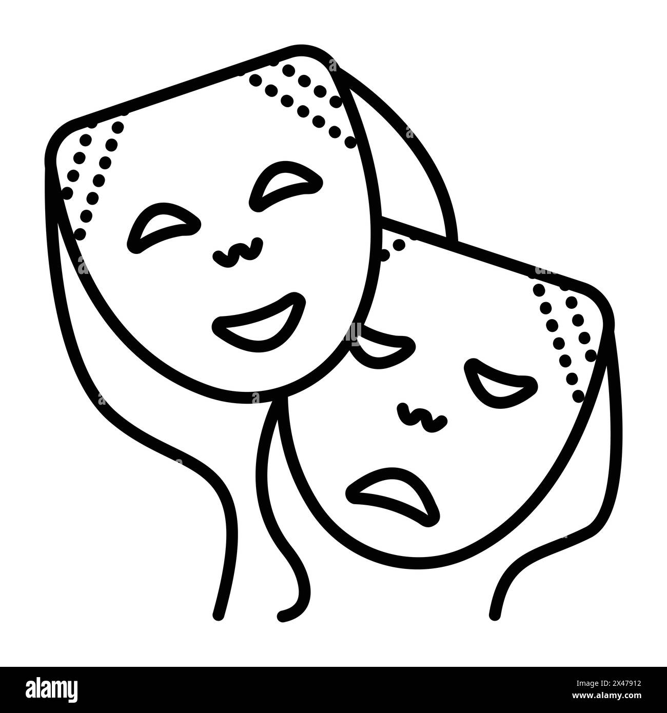Happy and sad facial mask on ropes, vector black line icon for a drama and comedy theater Stock Vector