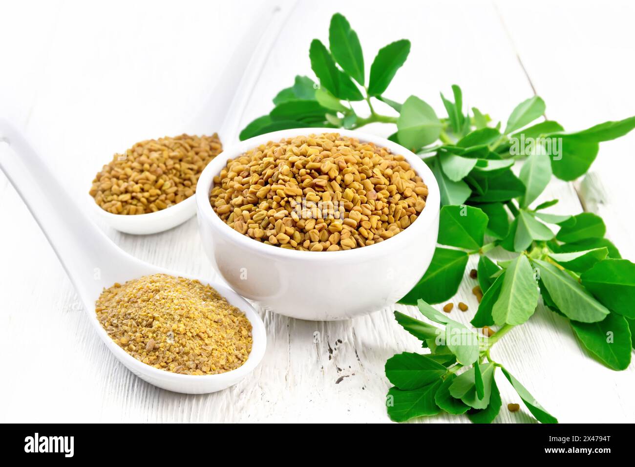 Fenugreek seeds in bowl and spoon, ground spice in spoon with green leaves on wooden board background Stock Photo