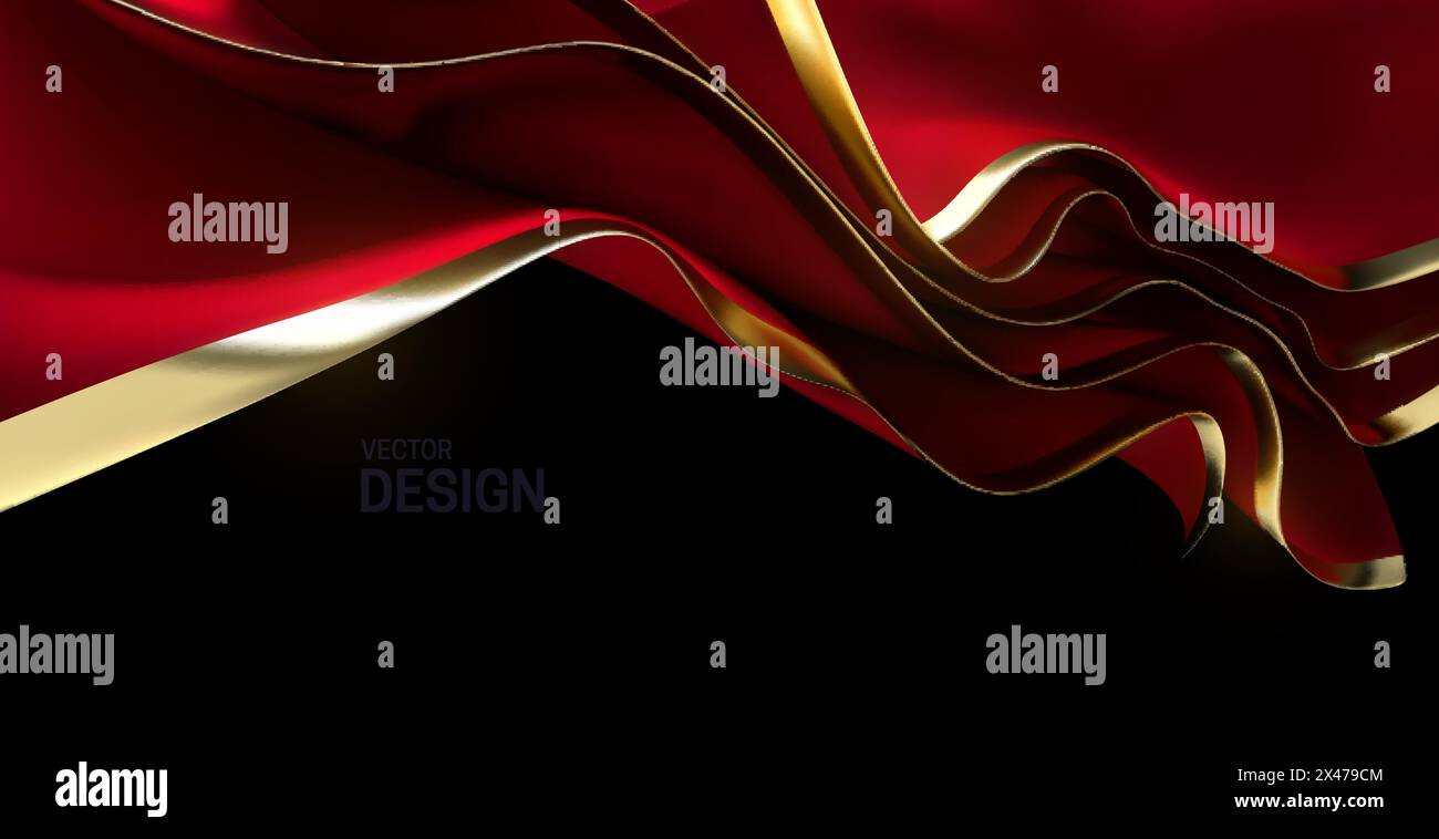 Abstract background of dark red streaming silk fabric with golden edges Stock Vector