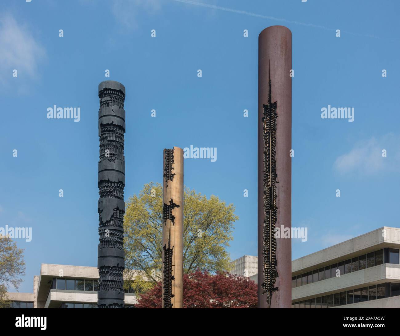 Purchase, NY US Apr 28, 2024 Arnaldo Pomodoro’s towering three