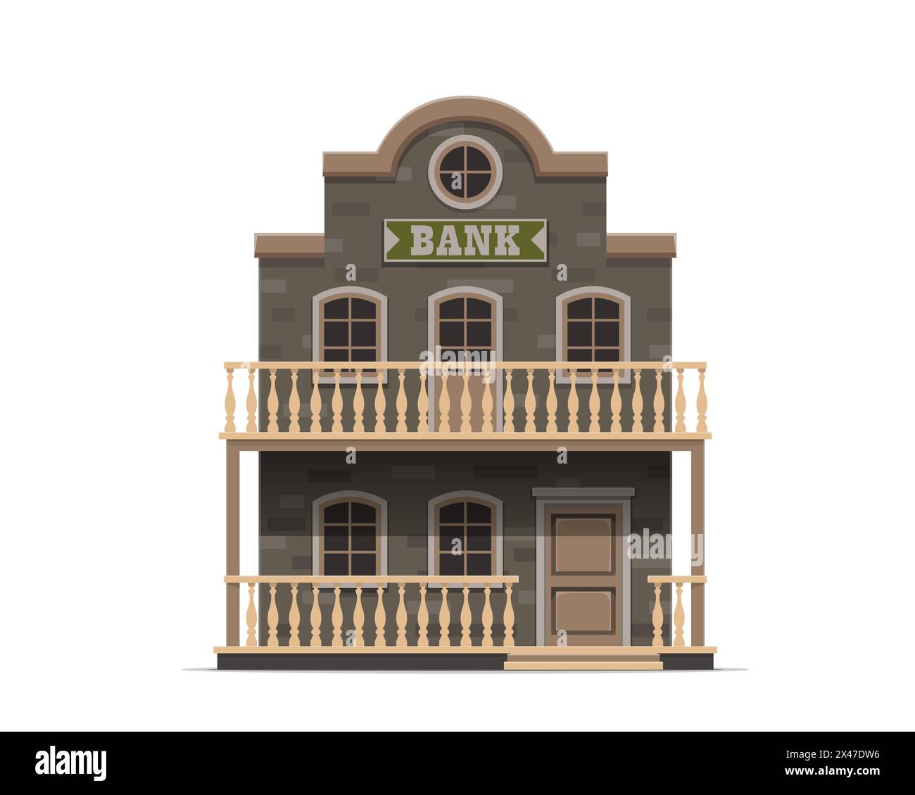 Western bank building, wild west. Isolated vector old american town wooden architecture facade. Country financial establishment with large windows, terrace, balusters and central entrance with a porch Stock Vector