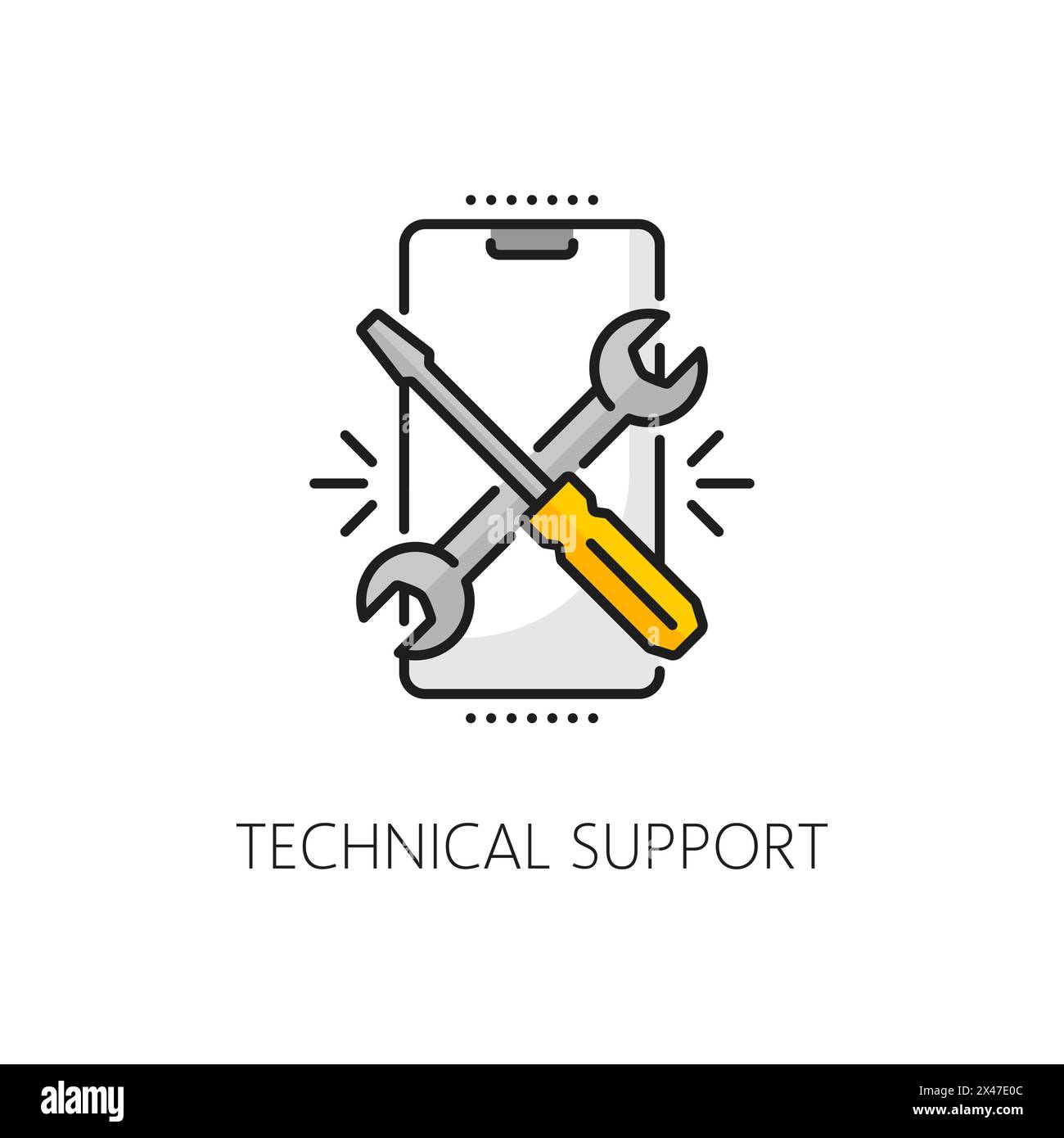 Cellphone software coding, mobile app develop technical support, web application optimization outline icon. Online service or app developing linear vector icon with mobile phone and crossed tools Stock Vector