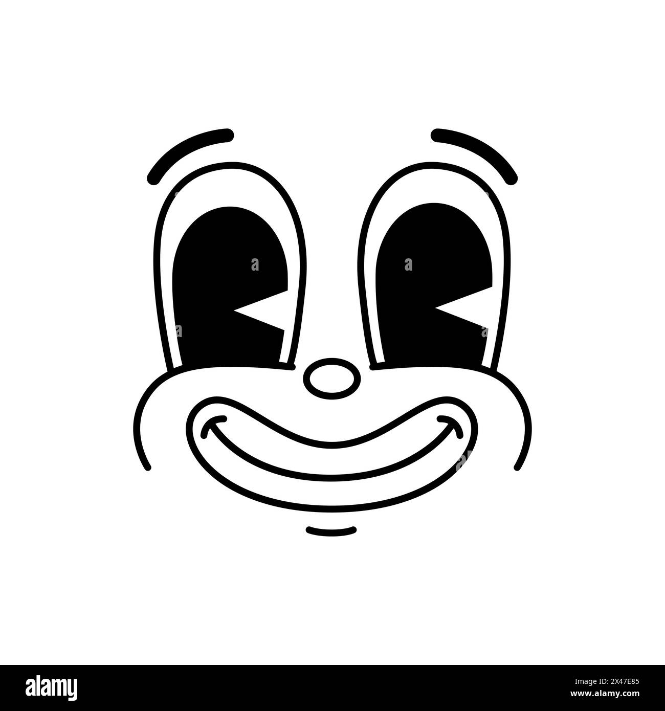 Cartoon groovie comic face character with big eyes, vector retro funky emoji. Groovy smiling emoticon with happy joy expression and big goggle eye, retro doodle line cartoon character Stock Vector