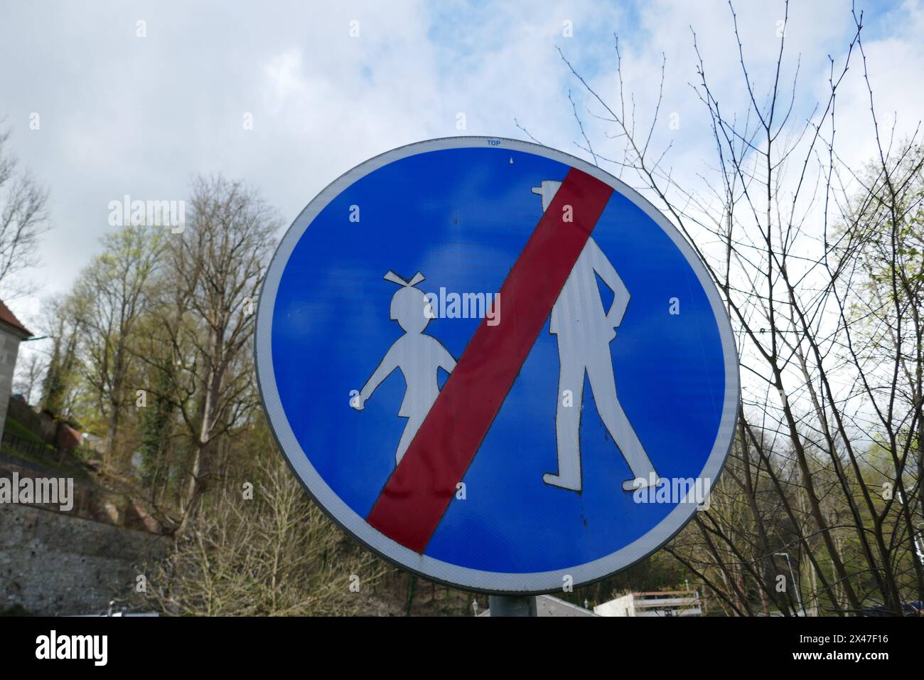 No pedestrian sign in Europe with adult and child walking icons Stock Photo