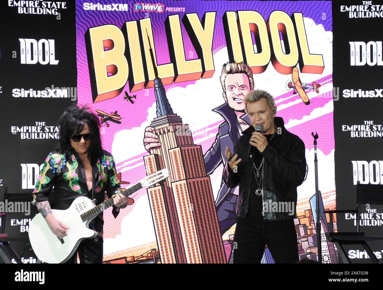 New York, NY, USA. 30th Apr, 2024. Steve Stevens and Billy Idol pictured as Billy Idol and Steve Stevens light the Empire State Building to celebrate the 40th Anniversary of Billy IdolÕs ÔRebel YellÕ on April 30, 2024 in New York City. Credit: Mpi099/Media Punch/Alamy Live News Stock Photo