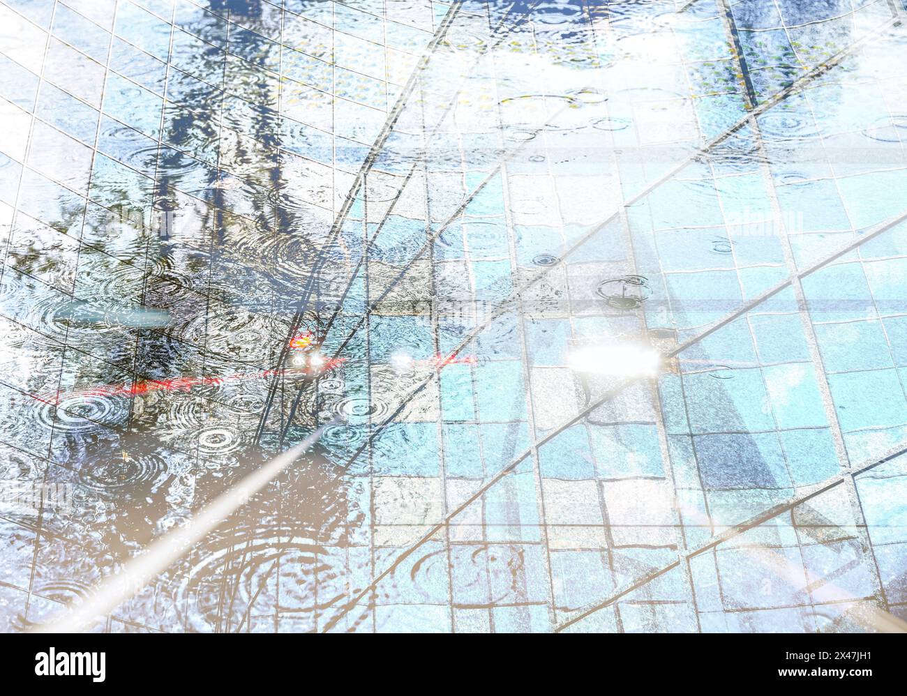 multiple exposure urban background with glass building and reflections ...