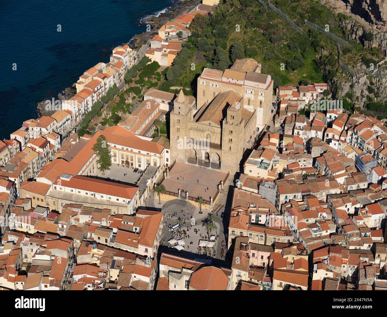 AERIAL VIEW. The Cathedral of Cefalù (a UNESCO World Heritage Site). Province of Palermo, Sicily, Italy. Stock Photo