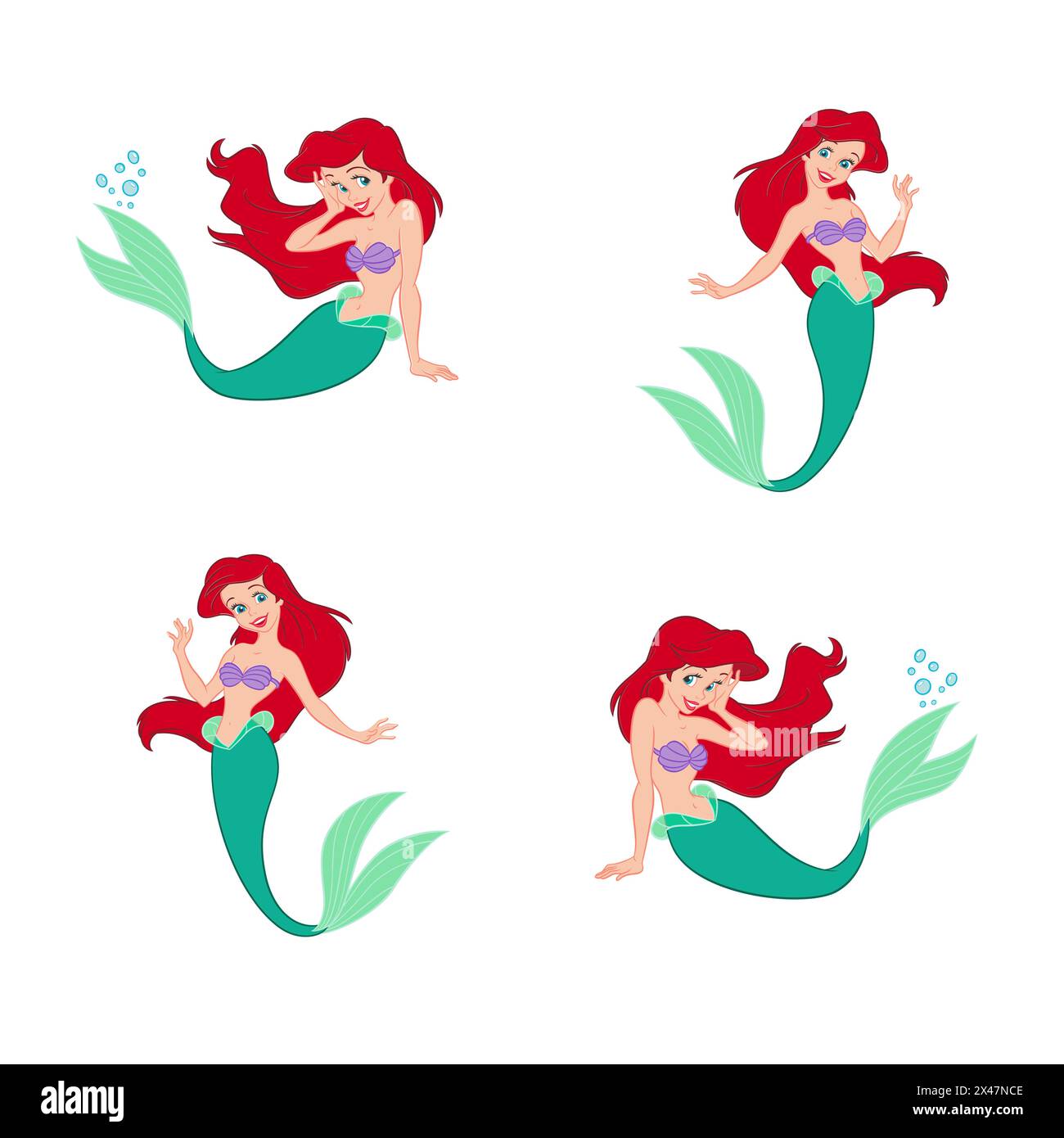 Disney princess set ariel mermaid fairy tale fantasy vector illustration Stock Vector