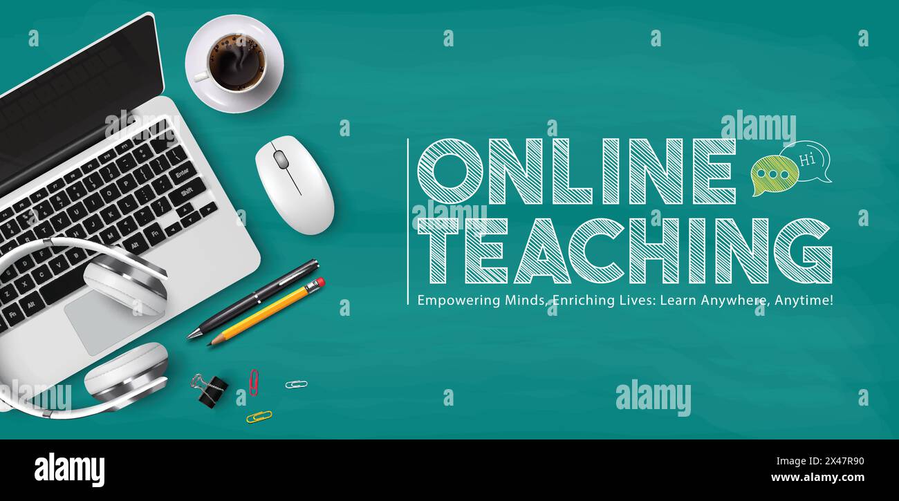 Online teaching vector template design. Back to school online teaching text with laptop computer e learning device in green board background. Vector Stock Vector