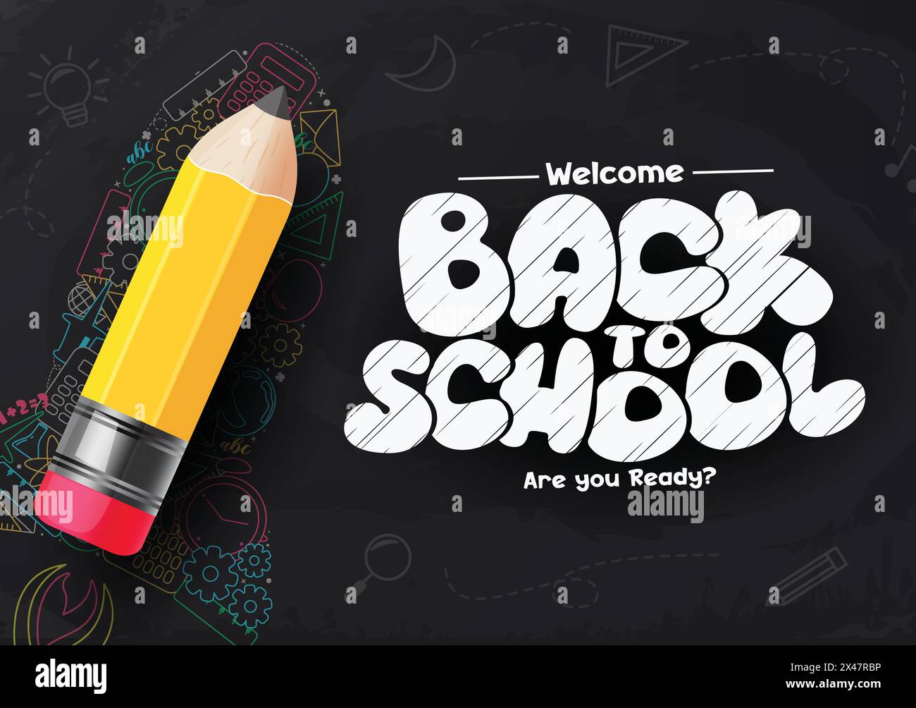 Back to school greeting vector template design. Welcome back to school greeting text with yellow pencil element in black board background Stock Vector