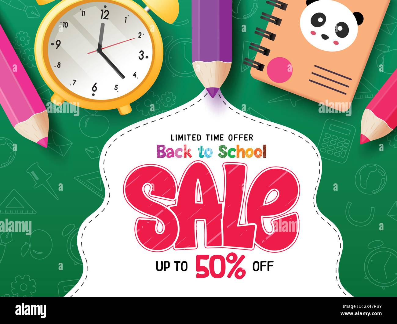Back to school sale vector banner design. School sale limited time offer text with alarm clock, color pencil and notebook educational items supplies Stock Vector