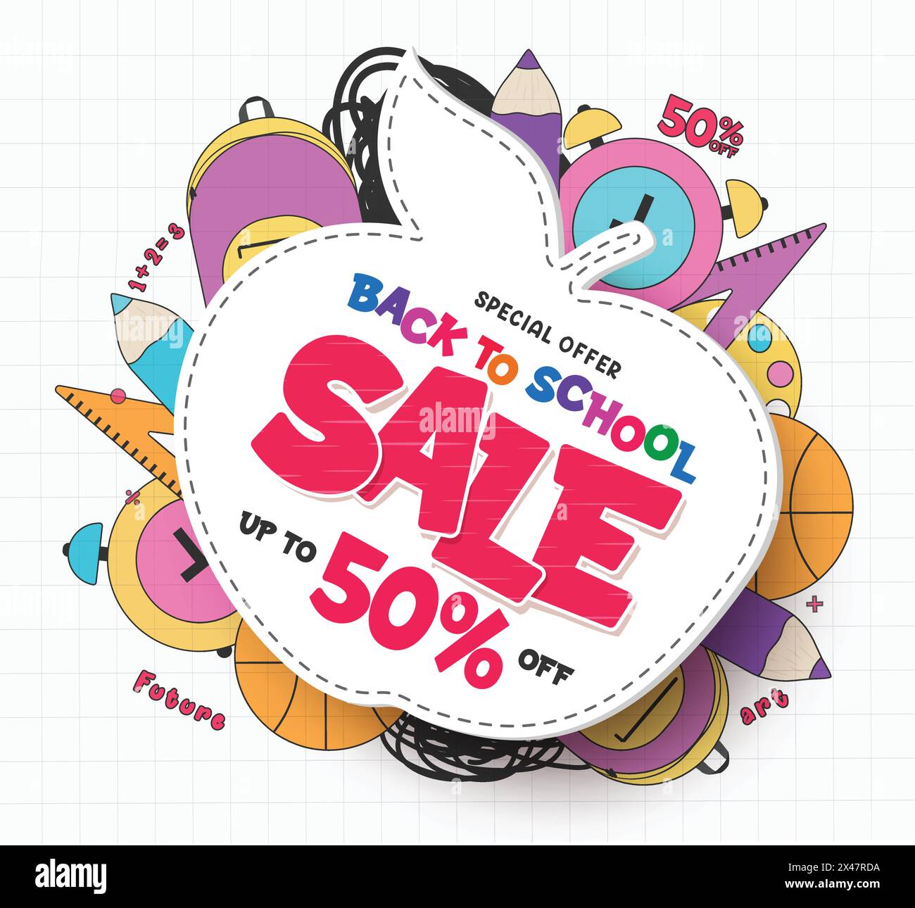 Back to school sale vector template design. Back to school shopping discount offer text in apple paper cut space with colorful materials and items Stock Vector