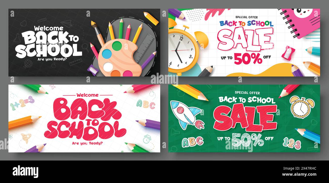 Back to school sale vector banner set design. Welcome back to school greeting text and promotion discount offer with educational elements lay out Stock Vector
