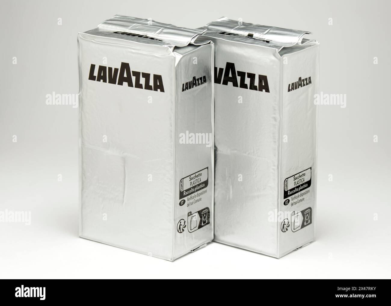 Lavazza Italian coffee recyclable packs isolated on white as circular economy biodegradable packaging concept Stock Photo