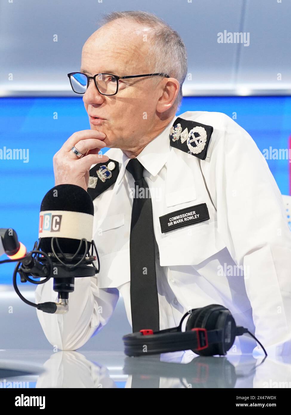 Metropolitan Police Commissioner Sir Mark Rowley takes part in Call the Commissioner, his live phone-in on LBC's Nick Ferrari at Breakfast show, at the Global Studios, London. Picture date: Wednesday May 1, 2024. Stock Photo