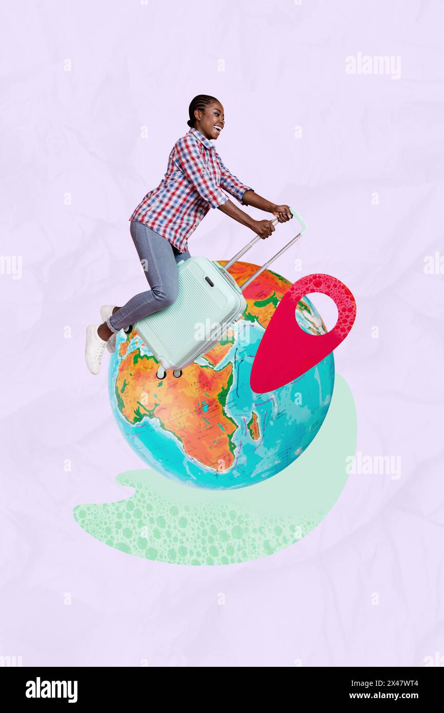 Vertical photo collage of happy american girl fly suitcase planet arrival choose vacation travel gps icon isolated on painted background Stock Photo