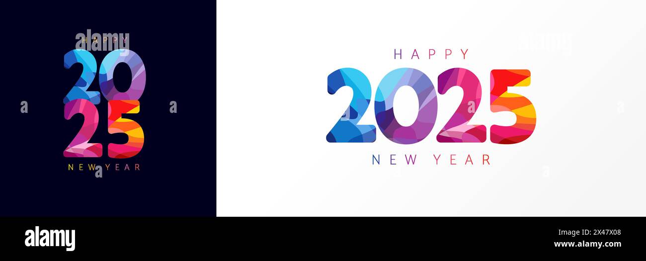 Colorful 2025 facet numbers Happy New Year, logo design concept. Stained glass New Year 2025 business template for calendar covers or banners Stock Vector