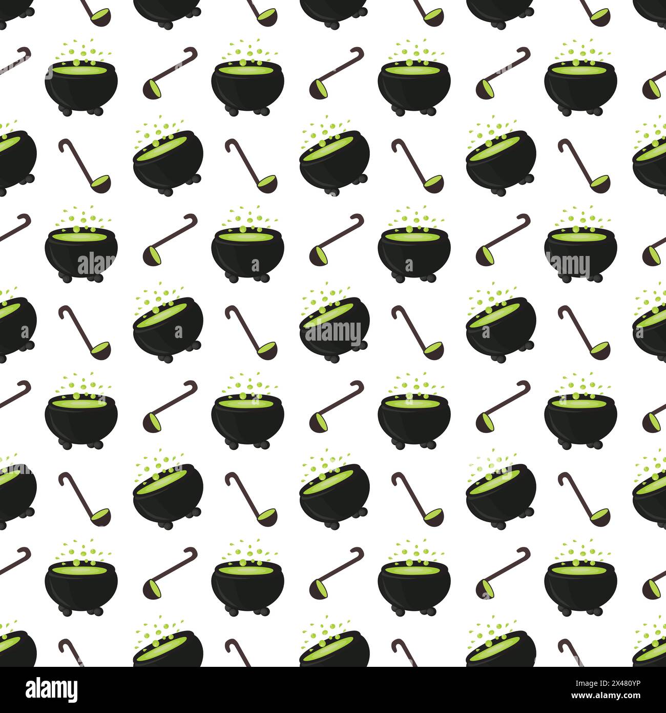 Witchs cauldron with boiling magic potion. Seamless pattern. Vector illustration. Stock Vector