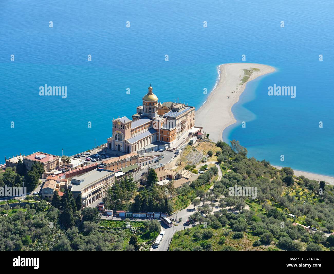 AERIAL VIEW. Sanctuary of Tindari. Metropolitan City of Messina, Sicily, Italy. Stock Photo