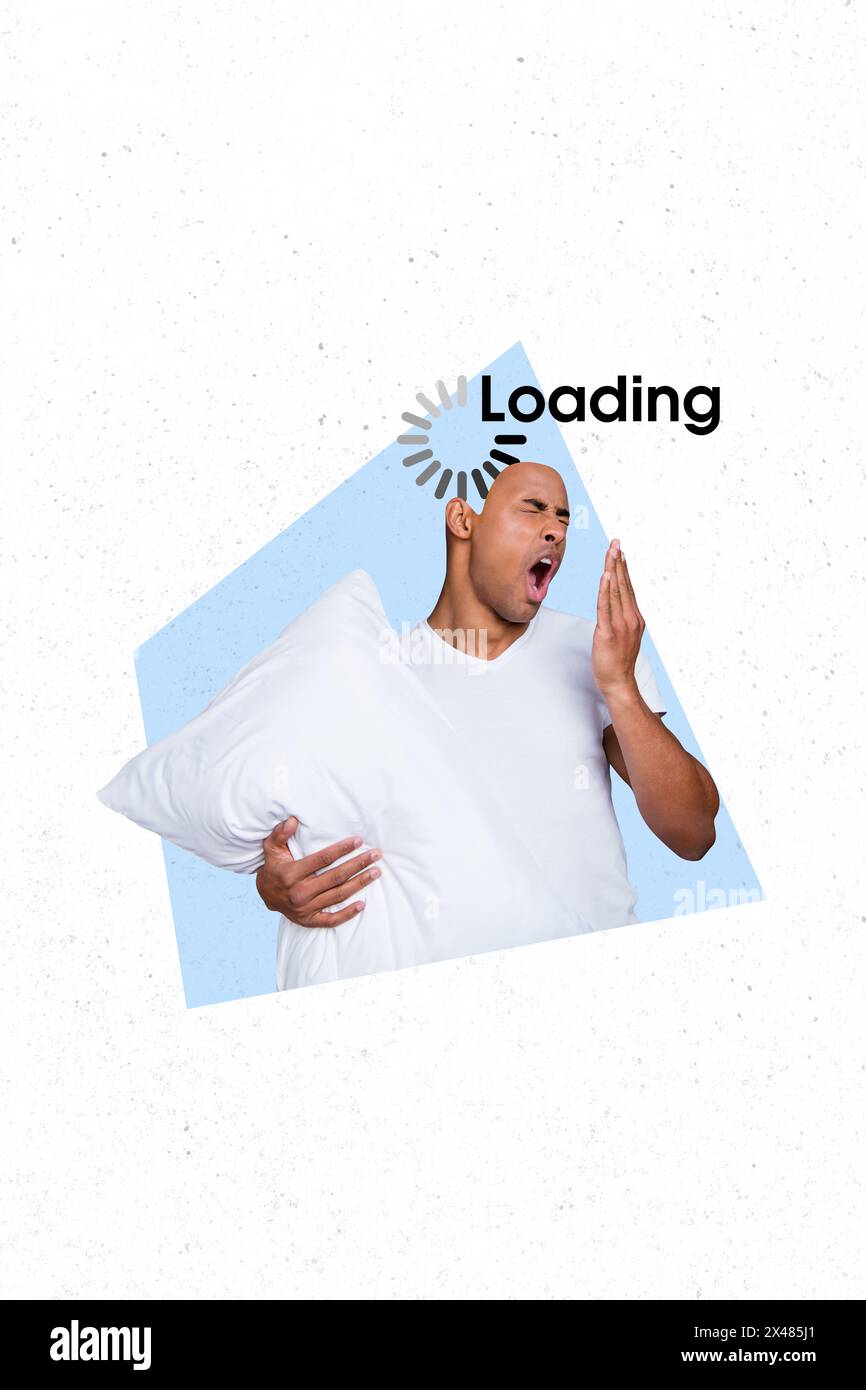 Vertical photo collage of tired sleepy american guy hold pillow ready ...