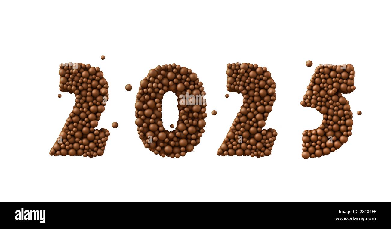 Happy 2025 Year. Holiday made of chocolate bubbles, milk chocolate