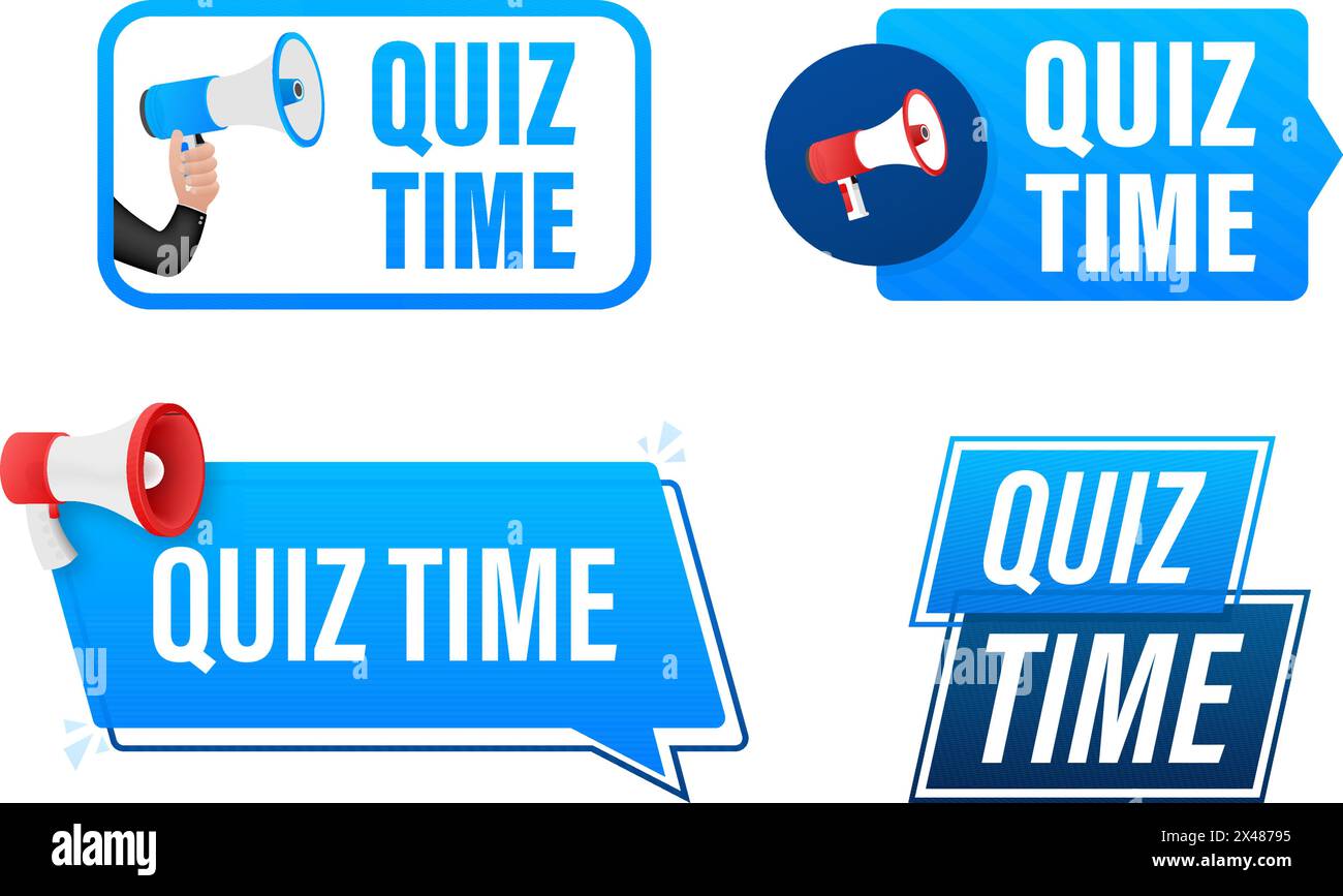 Quiz time text with Megaphone label set. Megaphone in hand promotion banner. Marketing and advertising Stock Vector