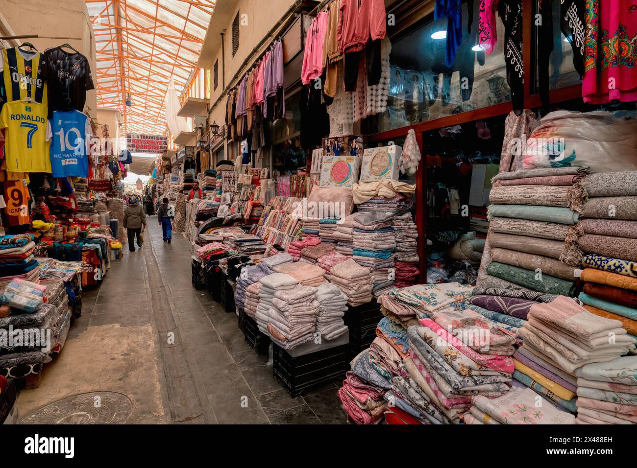 Textile part of the Mardin bazar, Turkey Stock Photo