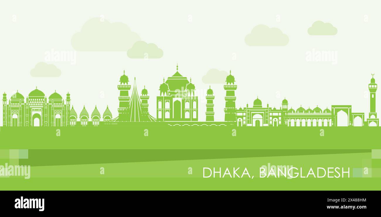 Green Skyline panorama of city of Dhaka, Bangladesh - vector illustration Stock Vector