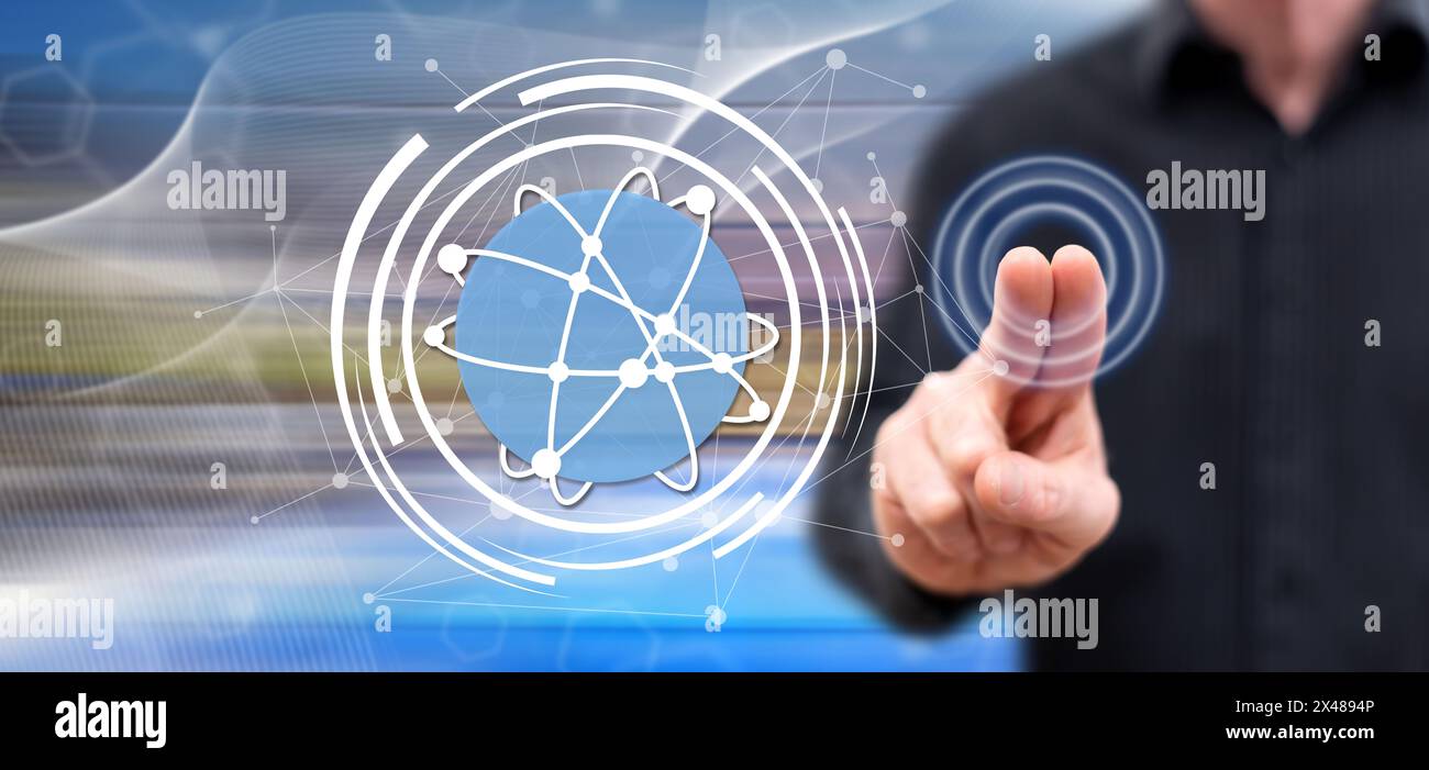 Man touching a global network technology concept on a touch screen with his fingers Stock Photo