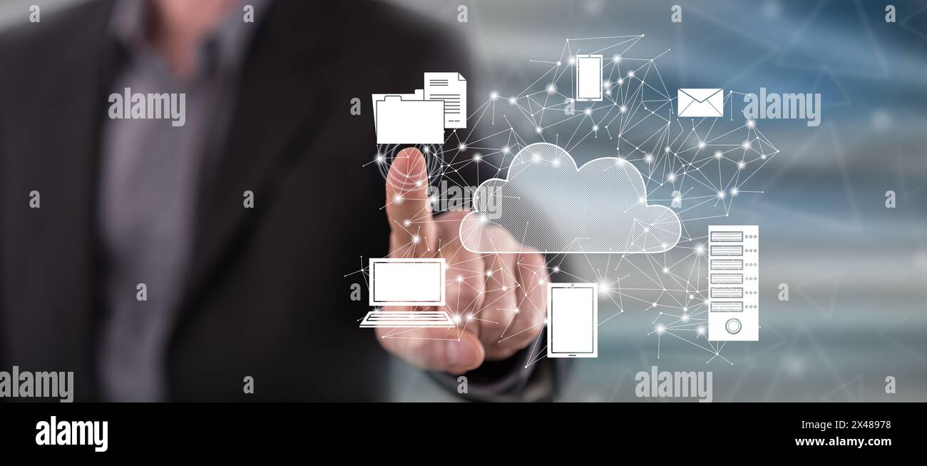 Touch In Computing Man touching a cloud computing concept on a touch screen with his ...