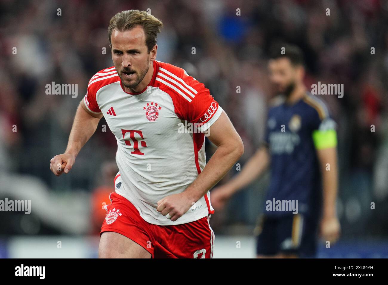Munich, Germany. 30th Apr, 2024. Harry Kane of Bayern Munchen celebrates after scoring the 2-1 during the UEFA Champions League match, Semi-finals, first leg, between FC Bayern Munchen and Real Madrid played at Allianz Stadium on April 30, 2024 in Munich, Germany. (Photo by Bagu Blanco/PRESSINPHOTO) Credit: PRESSINPHOTO SPORTS AGENCY/Alamy Live News Stock Photo