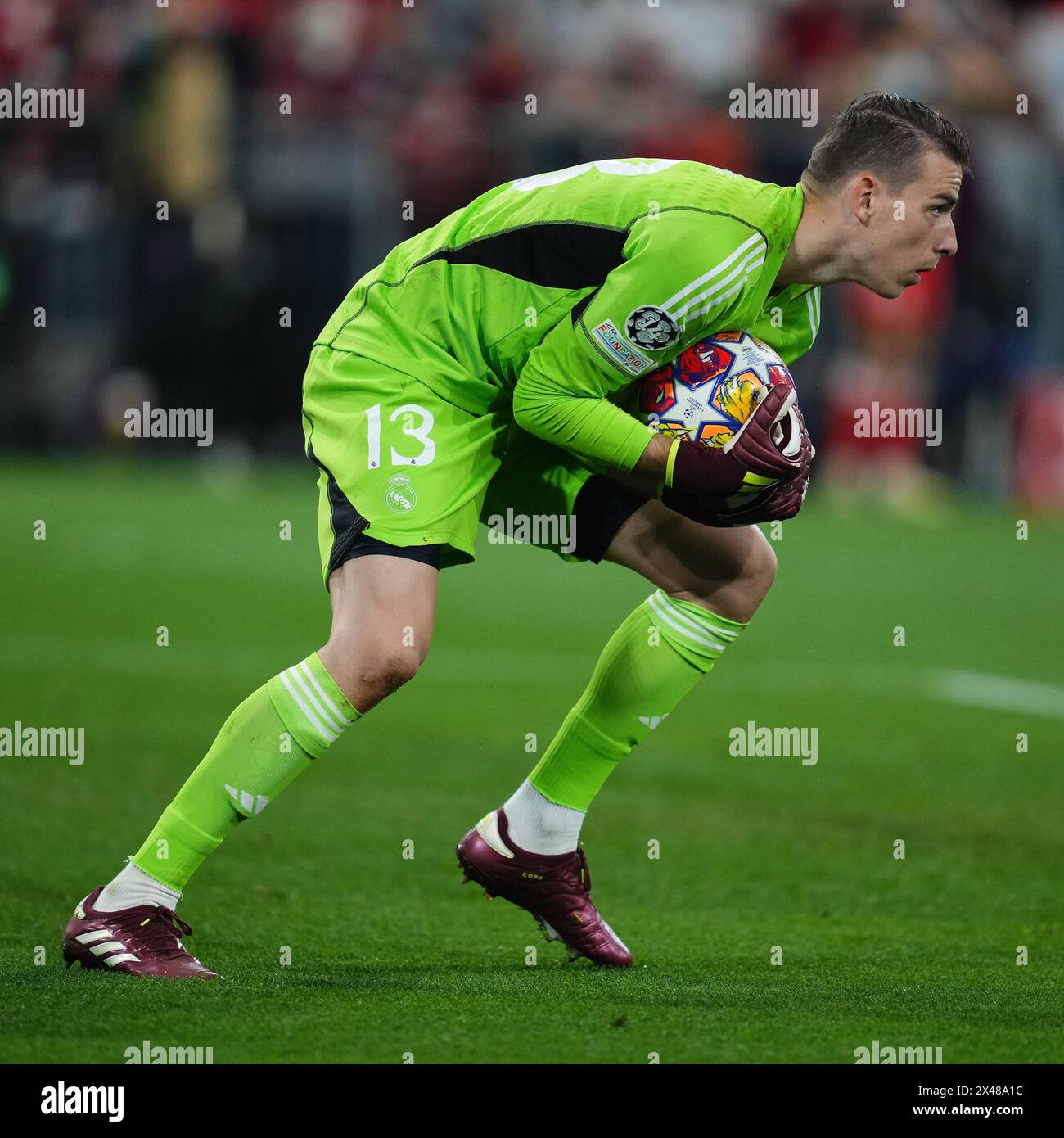 Munich, Germany. 30th Apr, 2024. Andriy Lunin of Real Madrid during the UEFA Champions League match, Semi-finals, first leg, between FC Bayern Munchen and Real Madrid played at Allianz Stadium on April 30, 2024 in Munich, Germany. (Photo by Bagu Blanco/PRESSINPHOTO) Credit: PRESSINPHOTO SPORTS AGENCY/Alamy Live News Stock Photo