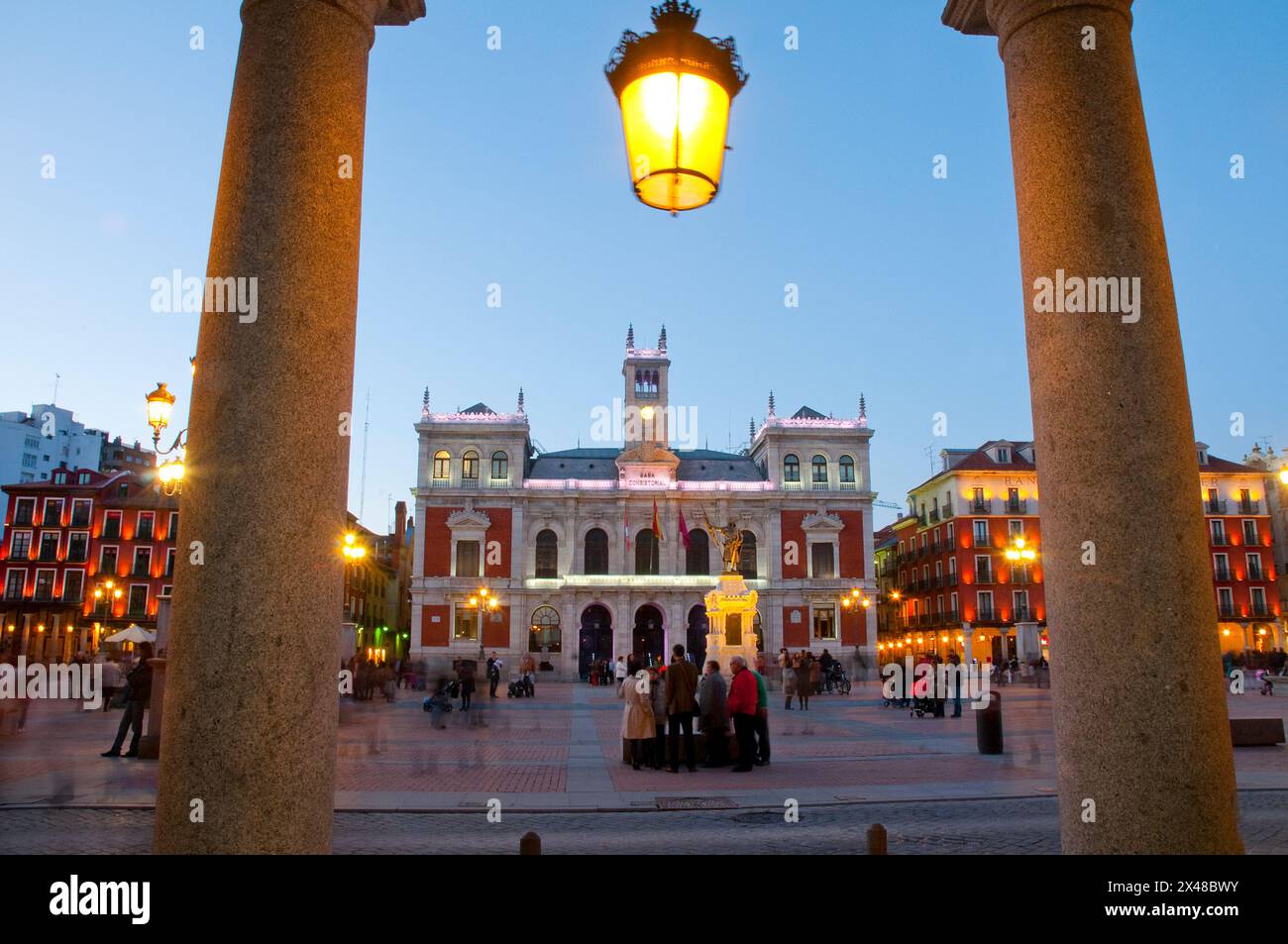 Main Square at night, view from the arcade. Valladolid, Castilla Leon, Spain. Stock Photo