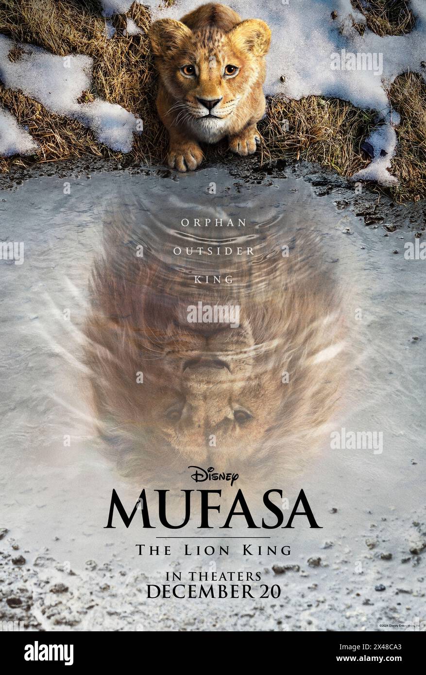 Mufasa: The Lion King (2024) directed by Barry Jenkins and starring Aaron Pierre, Kelvin Harrison Jr. and Seth Rogen. Simba, having become king of the Pride Lands, is determined for his cub to follow in his paw prints while the origins of his late father Mufasa are explored. US one sheet poster.***EDITORIAL USE ONLY*** Credit: BFA / Walt Disney Studios Stock Photo
