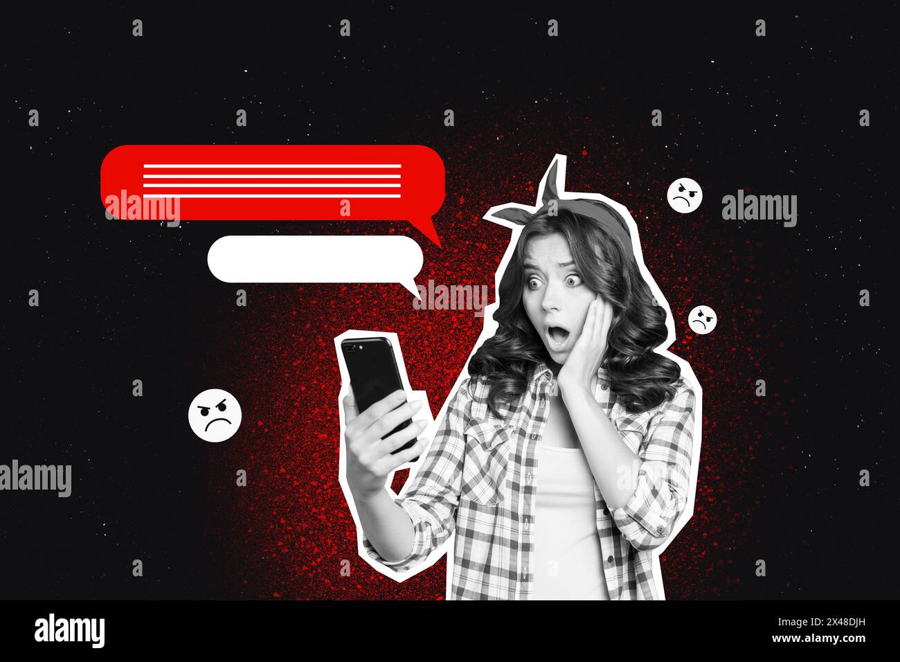 Composite photo collage of astonished girl hold iphone receive insult comment cyberbully bad emoji text box isolated on painted background Stock Photo