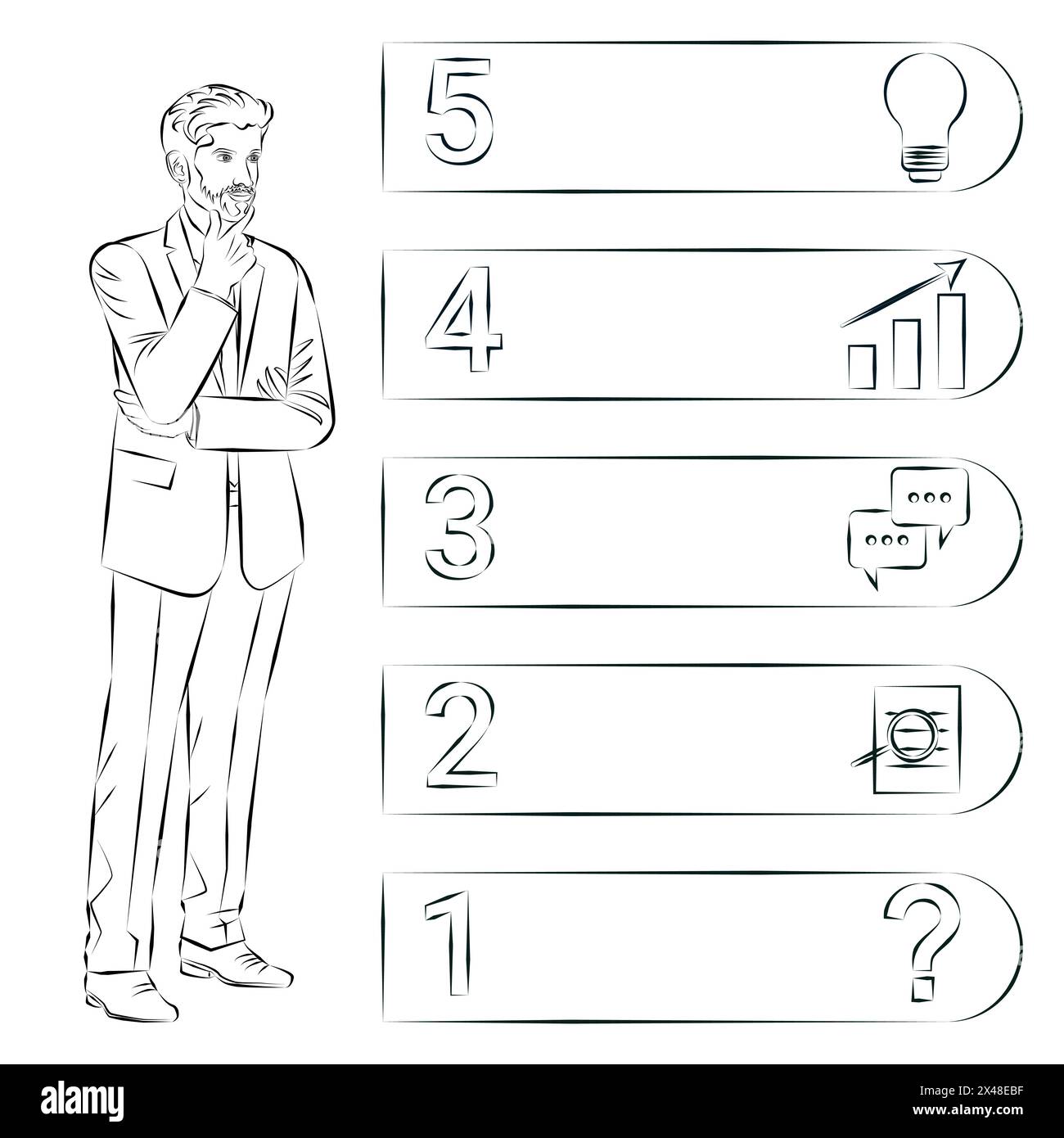 A man uses 5 steps to identify a problem or opportunity in the decision-making process. Business concept. Sketch. Vector illustration. Stock Vector