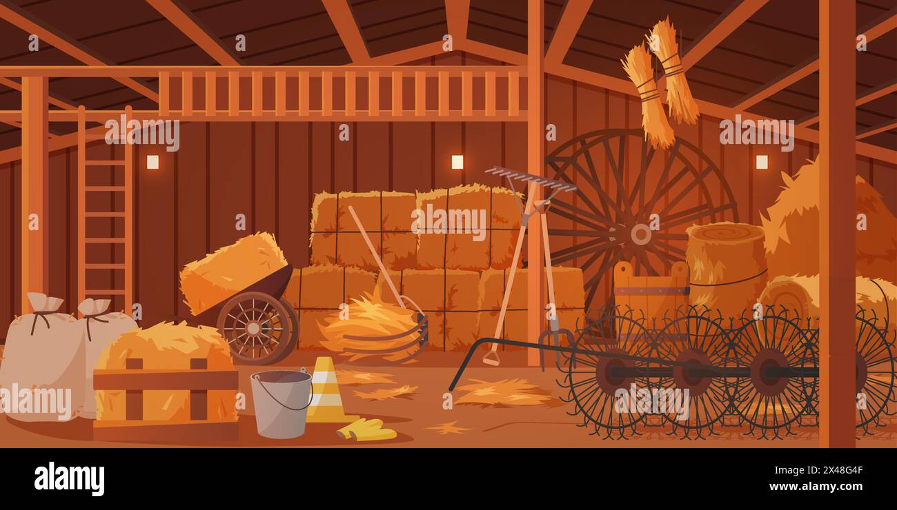 Farm wooden barn interior, indoor storage of hay stacks and agricultural equipment. Wooden village building with stairs up to hayloft ceiling, garden tools and straw pile cartoon vector illustration Stock Vector