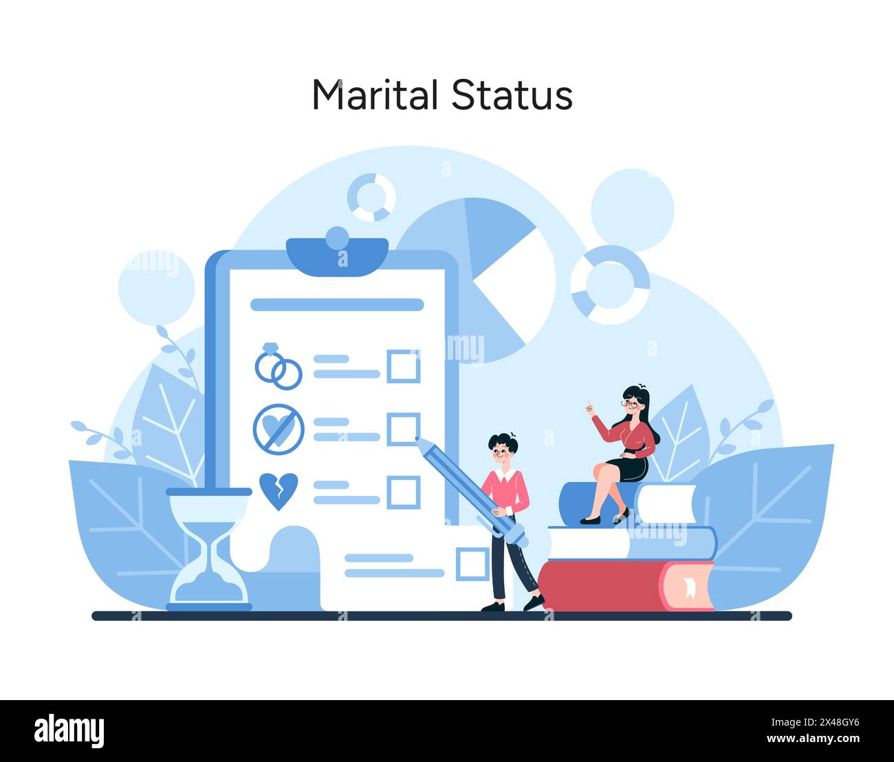 Marital Status analytics. This vector illustration insightfully maps out marital demographics for market segmentation, spotlighting consumer behavior. Vector illustration Stock Vector