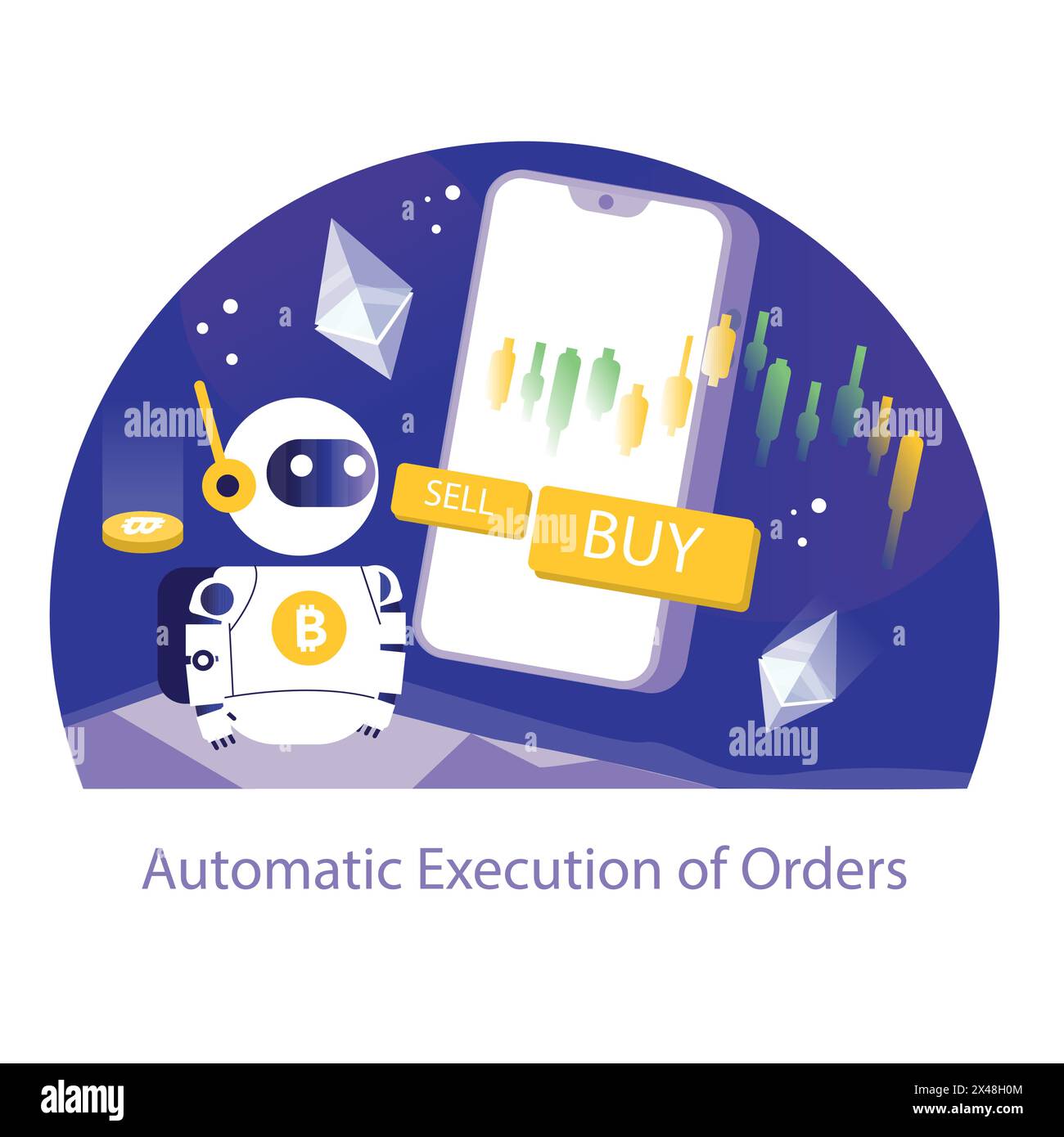 Automatic Execution of Orders concept. A vibrant depiction of a crypto trading bot efficiently managing buy and sell orders, set against a backdrop of real-time market candlestick charts. Stock Vector