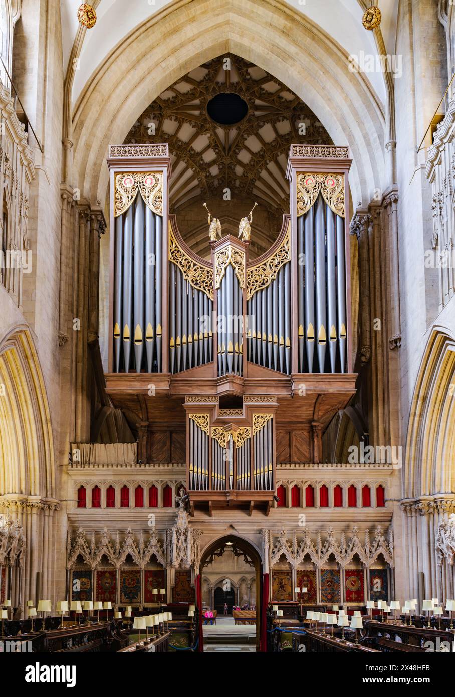 Organ and choir stalls of Wells Cathedral in Somerset UK Stock Photo