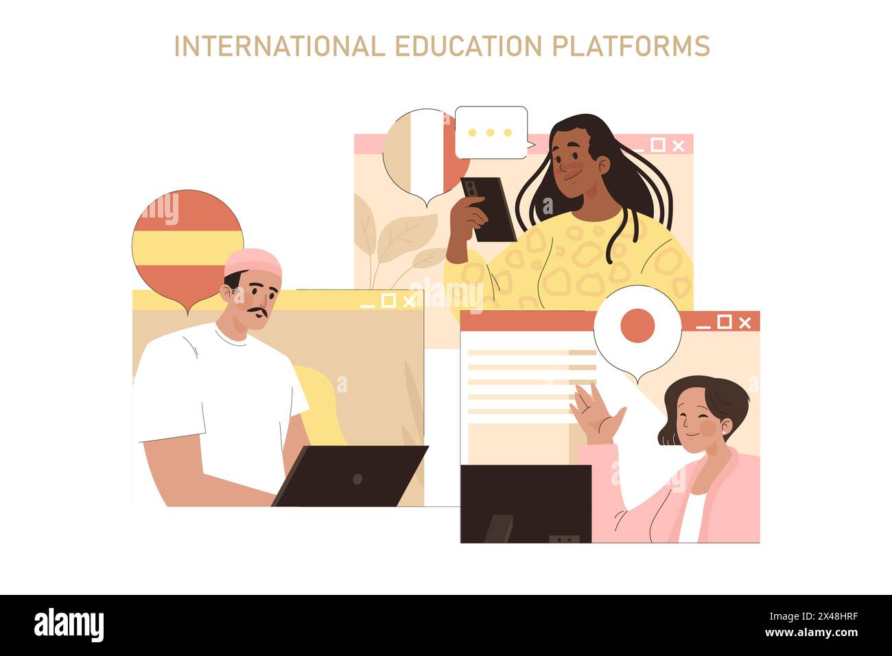 International education platforms concept. Diverse students engage in ...