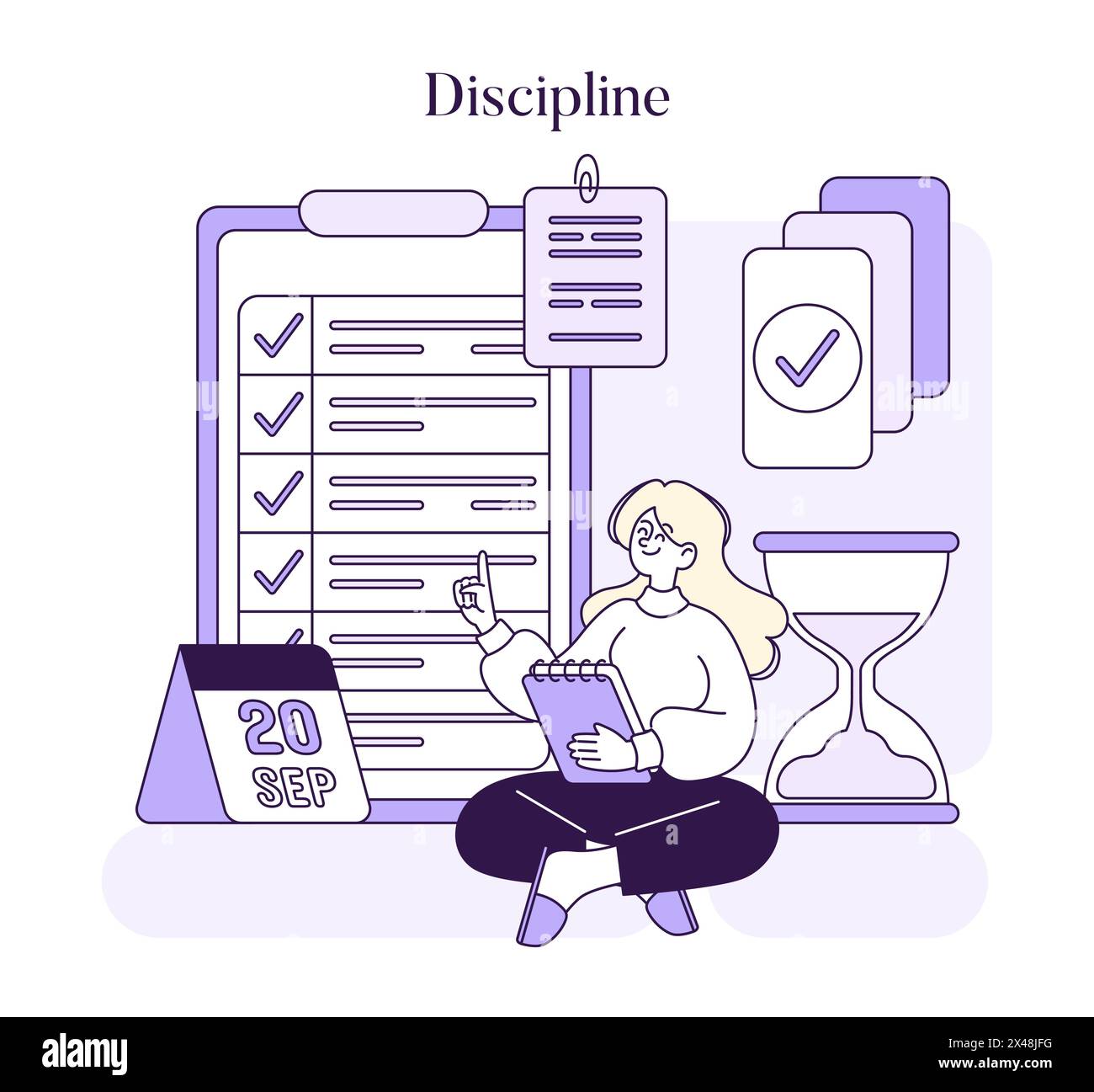 Discipline concept. A diligent woman with a planner ensures meticulous